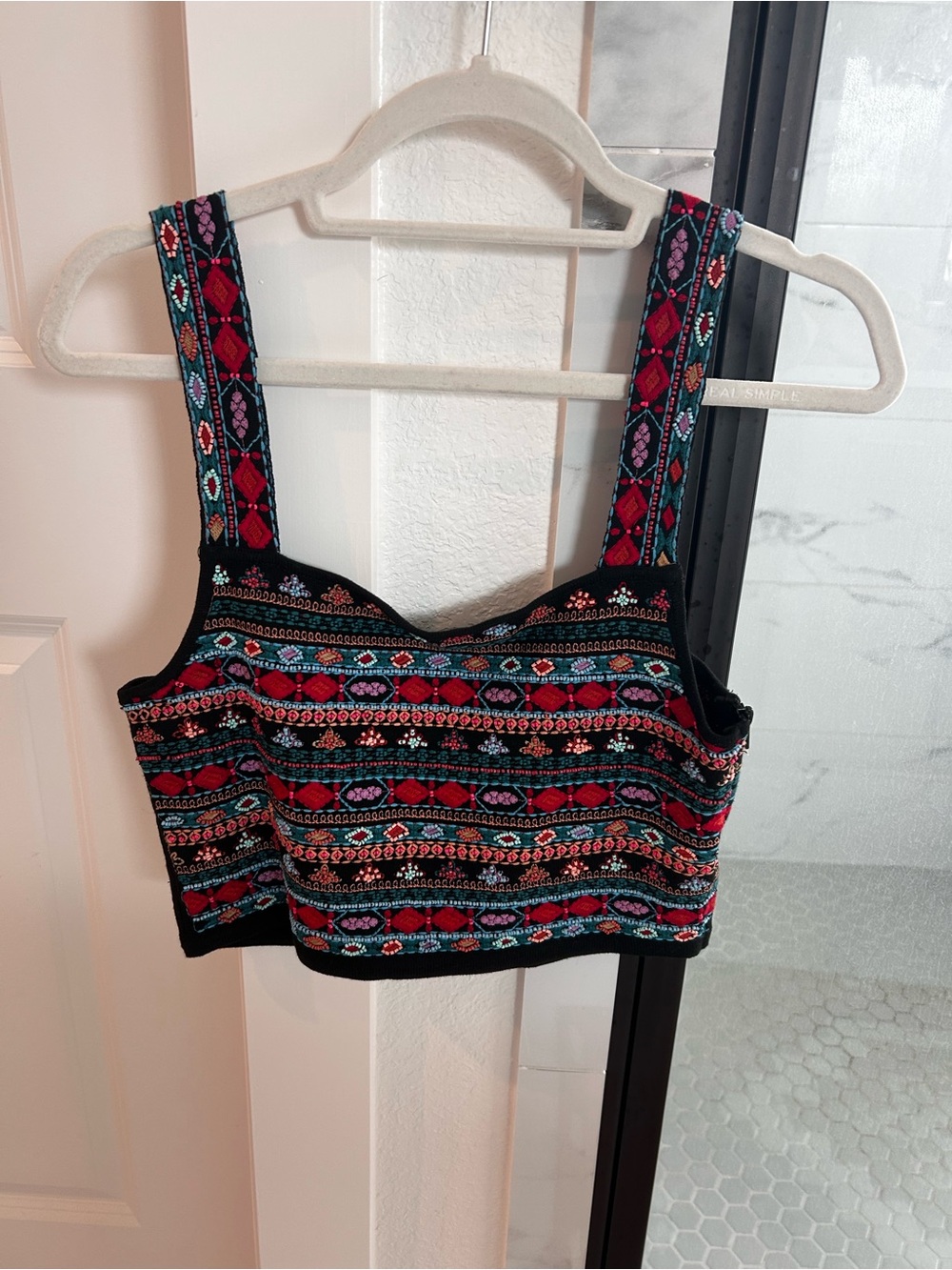 Zara Black Multicolor Embroidered Crop Top
